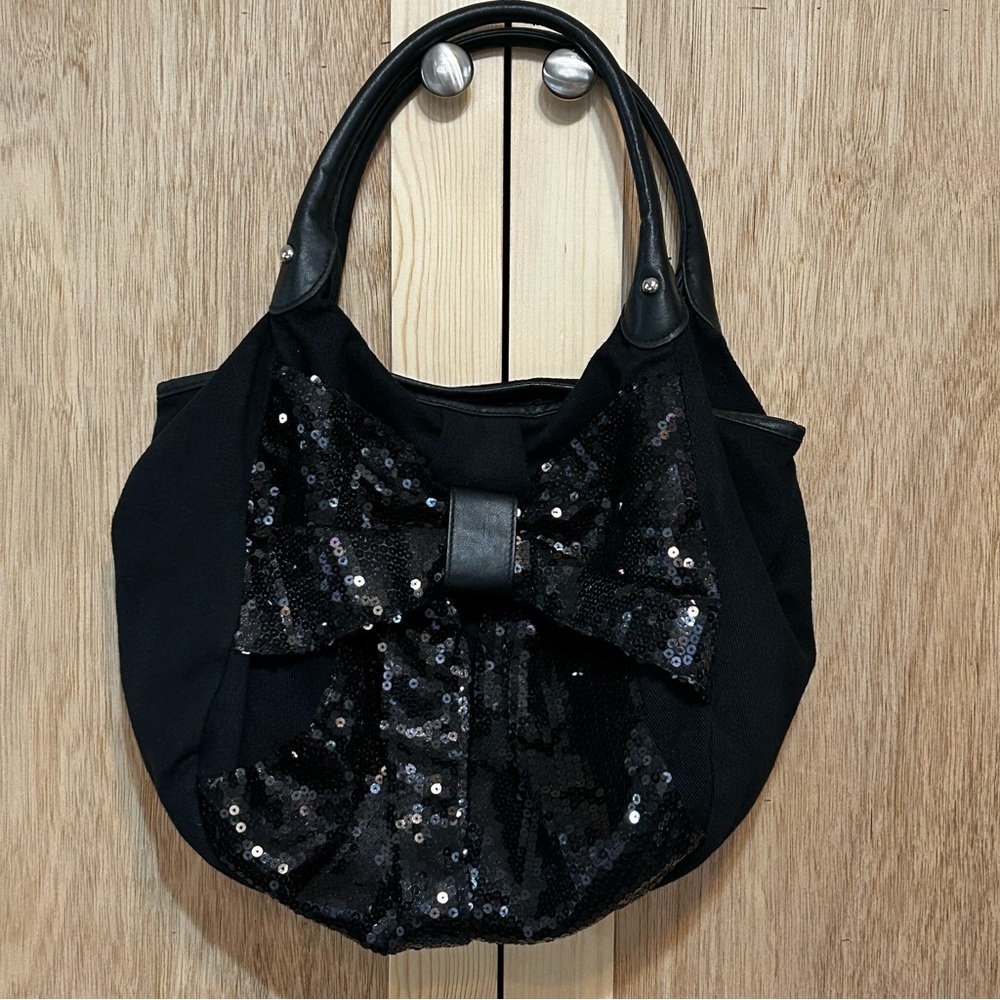 Olsenboye Black Shoulder Bag Y2K Sparkly Hobo Sequins Two Handle Canvas Tote - Picture 10 of 11